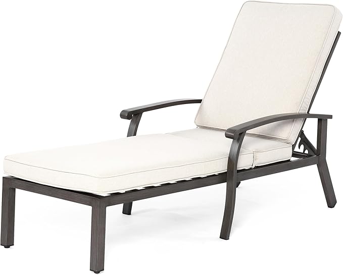 HOMEFUN Outdoor Chaise Lounge Chair, Hand-Brushed Wood Grain Cast Aluminum Reclining Lounger with Cushion - Photo 1