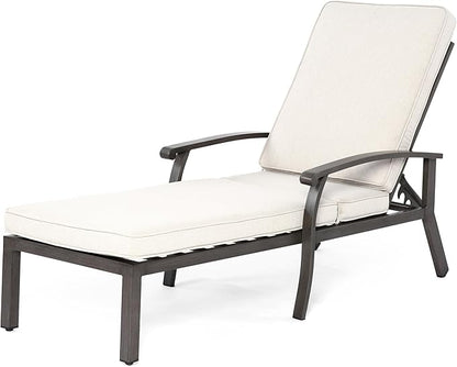 HOMEFUN Outdoor Chaise Lounge Chair, Hand-Brushed Wood Grain Cast Aluminum Reclining Lounger with Cushion, 5-Position Adjustable Backrest, Waterproof Padded Seat, Wheels for Patio & Poolside, Beige