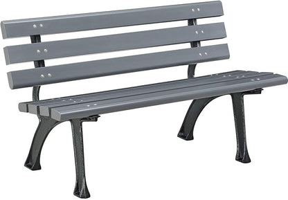 Global Industrial 4'L Outdoor Park Bench with Backrest, Recycled Plastic Slats, Wrought Iron Frame, 1100 lbs Capacity, Gray, Surface Mount, Easy Assembly