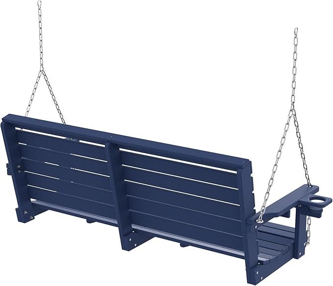 Plawdlik Porch Swings,2 Seat Patio Chair with Two Cup Holders,HDPE Waterproof Bench for Courtyard-Navy Blue - Photo 9
