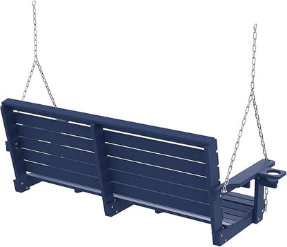 Plawdlik Porch Swings,2 Seat Patio Chair with Two Cup Holders,HDPE Waterproof Bench for Courtyard-Navy Blue