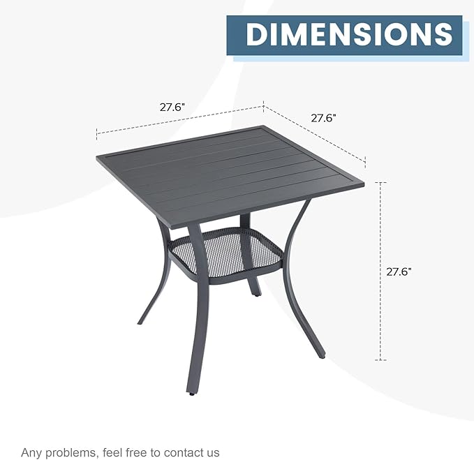 DIFY 27.6" Small Square Outdoor Dining Table for 2, Slatted Metal Patio Table with Storage Shelf, All-Weather Patio Dining Table for Garden Backyard Deck, Grey Tabletop