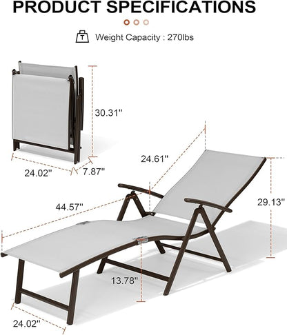 Crestlive Products 2PCS Chaise Lounge Chair Outdoor with 1PC Side Table, Aluminum Folding Patio Recliner Chair, Adjustable 8 Positions Assemble-Free