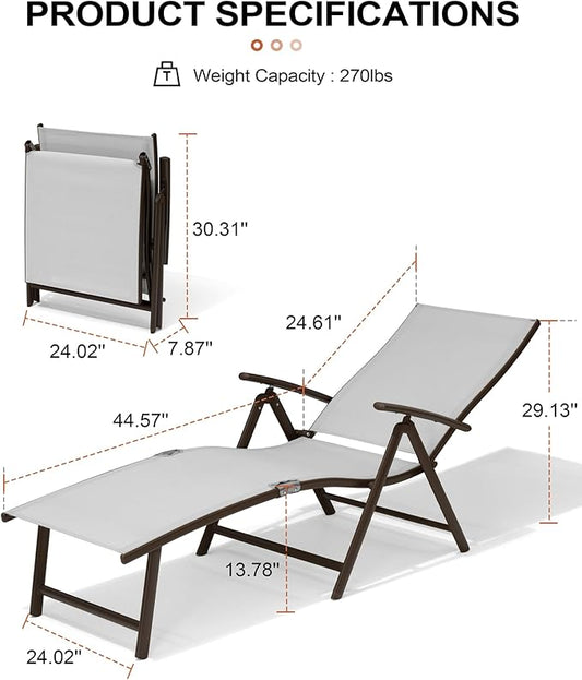 Crestlive Products 2PCS Chaise Lounge Chair Outdoor with 1PC Side Table, Aluminum Folding Patio Recliner Chair, Adjustable 8 Positions Assemble-Free