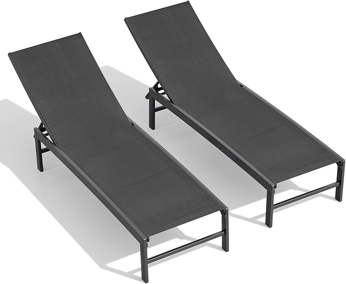 Crestlive Products Chaise Lounge Chair Outdoor Set of 2, Adjustable 5 Positions Pool Lounge Chairs, Metal Tanning Recliner, Outdoor Furniture All Weather for Patio, Beach, Yard, Pool（Black）