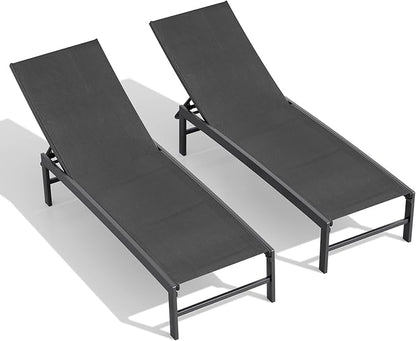 Crestlive Products Chaise Lounge Chair Outdoor Set of 2, Adjustable 5 Positions Pool Lounge Chairs, Metal Tanning Recliner, Outdoor Furniture All Weather for Patio, Beach, Yard, Pool（Black）