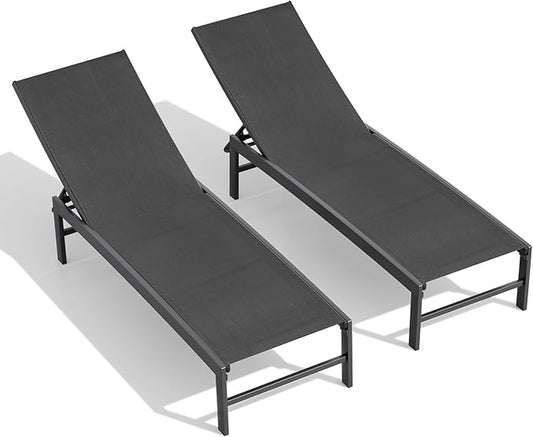 Crestlive Products Chaise Lounge Chair Outdoor Set of 2, Adjustable 5 Positions Pool Lounge Chairs, Metal Tanning Recliner, Outdoor Furniture All Weather for Patio, Beach, Yard, Pool（Black）