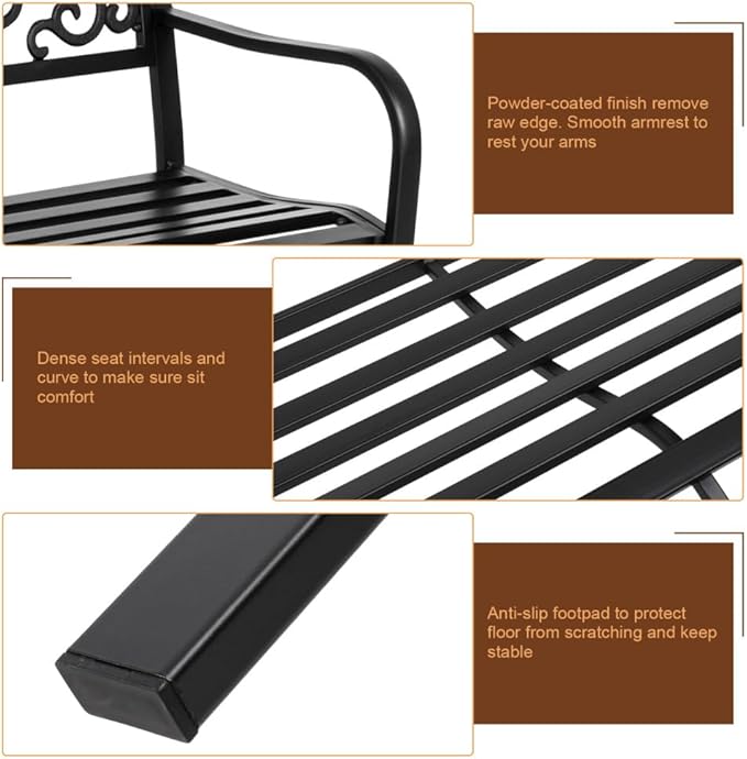 50" Outdoor Garden Bench, Cast Iron Metal Frame Patio Park Bench with PVC Butterfly Pattern Backrest,Arch Legs for Park Yard Front Porch Path Yard Lawn Decor Deck Furniture, Black