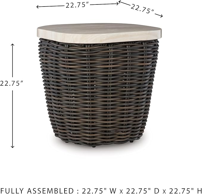 Signature Design by Ashley Kimora Cottage Faux Marble Pattern Tabletop Outdoor End Table with Pedestal Base, Dark Brown & Beige