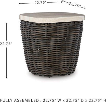 Signature Design by Ashley Kimora Cottage Faux Marble Pattern Tabletop Outdoor End Table with Pedestal Base, Dark Brown & Beige