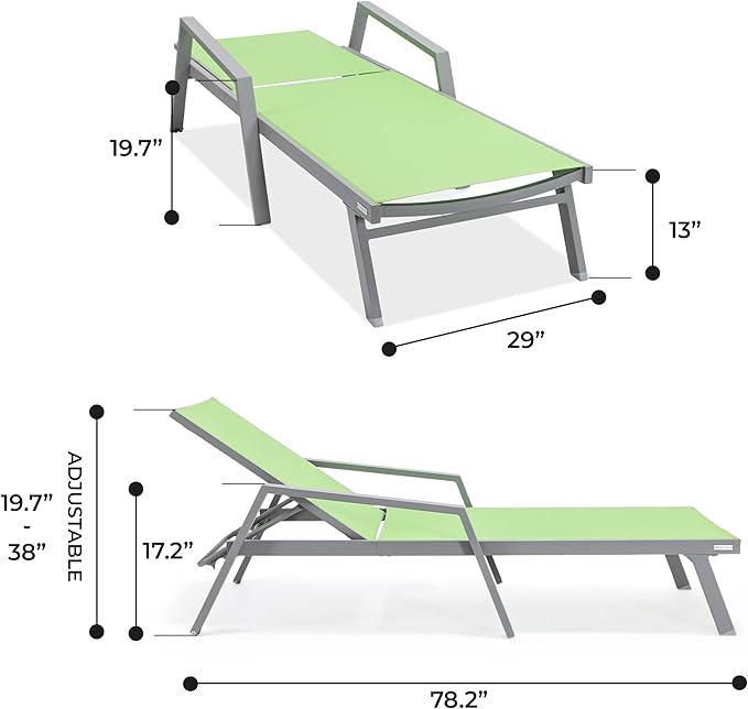LeisureMod Marlin Patio Chaise Lounge Chair, Adjustable Outdoor Grey Aluminum Lounge with Breathable Mesh Sling Back, Lightweight Poolside Reclining Sun Lounger Weather & UV Resistant (Green)