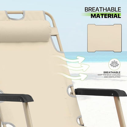 Magshion Folding Reclining 3-Position Patio Chair Outdoor Lounge Chair with Footrest Folding Portable Outside Recliner Chair for Poolside Backyard Beach, 330 lbs (Cream)