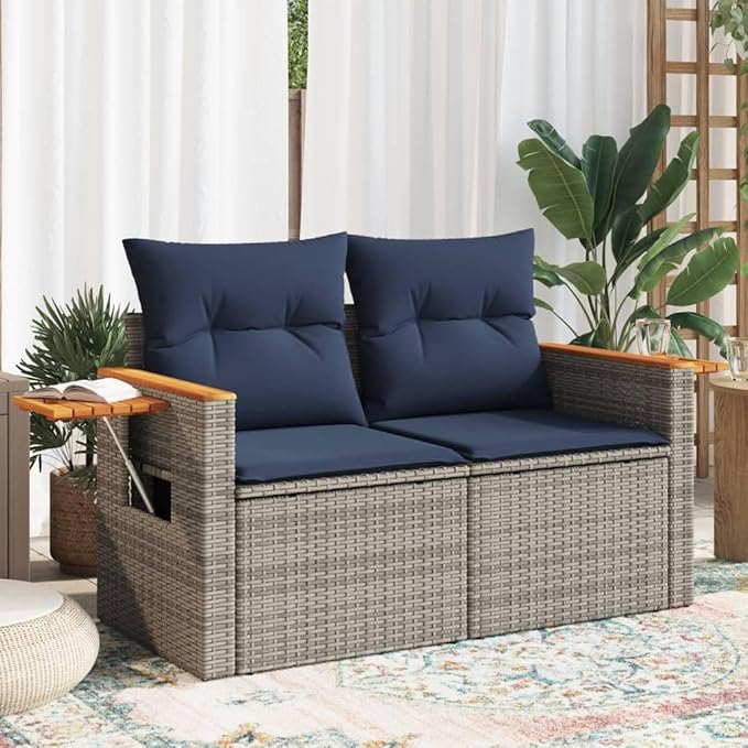 2-Seater Patio Sofa with Foldable Side Table, Outdoor Loveseat Garden Bench with Acacia Wood Accents, Gray PE Rattan Furniture with Navy Blue Cushions
