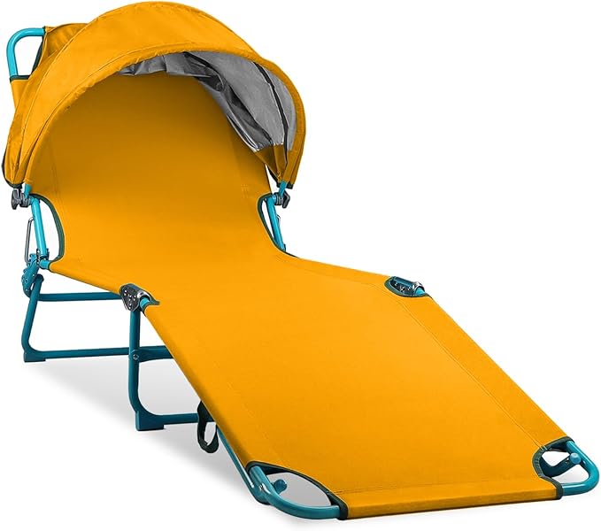 Colorsoul Tanning Chair with Sun Canopy,Adjustable 4-Position Beach Lounge Chair for Adults,Heavy Duty Folding Outdoor Lounge Chair,for Patio Poolside Sunbathing,UPF 50+,300 LBS,Yellow