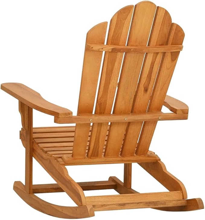 Solid Teak Wood Outdoor Rocking Chair Adirondack Design Brown 39.4x30.3x38.6in Oiled Finish Garden Patio Lounge Furniture for Backyard Porch Balcony