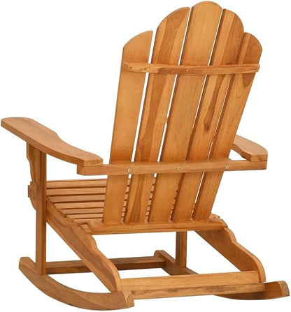 Solid Teak Wood Outdoor Rocking Chair Adirondack Design Brown 39.4x30.3x38.6in Oiled Finish Garden Patio Lounge Furniture for Backyard Porch Balcony
