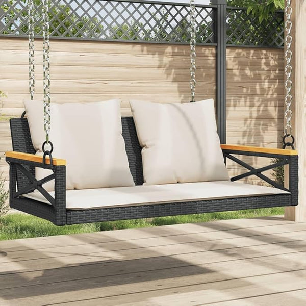 Outdoor Swing Bench with Removable Cushions, Black and Cream White Poly Rattan Patio Furniture for Garden, Balcony - Photo 1