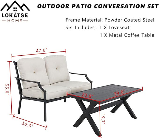 LOKATSE HOME Outdoor Loveseat and Coffee Table Metal Conversation Set Patio Furniture with Cushions for Poolside Backyard Lawn, Beige