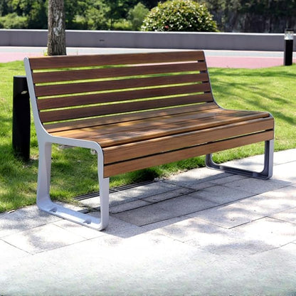 LITFAD Outdoor Bench Modern Park Bench with Corrosion Resistant Metal Frame, Dark Brown Wooden Seating with Backrest, Garden Bench for Patio, Lawn, Yard, Porch - Type F, 59" L x 23.5" W x 31" H