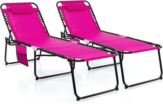 Giantex Patio Lounge Chairs for Outside - Set of 2 Folding Tanning Chair w/Headrest, 4 Adjustable Positions, Side Pocket, Outdoor Chaise Lounge for Camping, Pool, Sunbathing Beach Chair, Pink