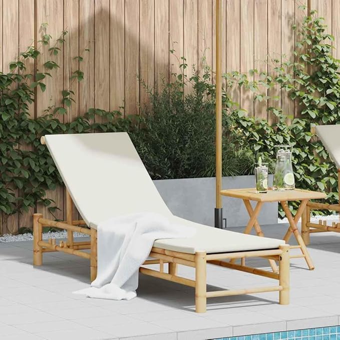 Bamboo Sun Lounger Cream 78" Outdoor Chaise Lounge Adjustable Backrest Patio Recliner with Cushion for Poolside Garden - Photo 2