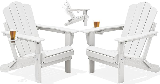 KINGYES Adjustable Folding Adirondack Chairs Set of 2, 3-Position Reclining Adirondack Chair with Cup Holder, HDPE All-Weather Oversized Adirondack for Outdoor, Patio, Backyard Deck, Fire Pit, White