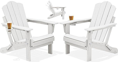 KINGYES Adjustable Folding Adirondack Chairs Set of 2, 3-Position Reclining Adirondack Chair with Cup Holder, HDPE All-Weather Oversized Adirondack for Outdoor, Patio, Backyard Deck, Fire Pit, White