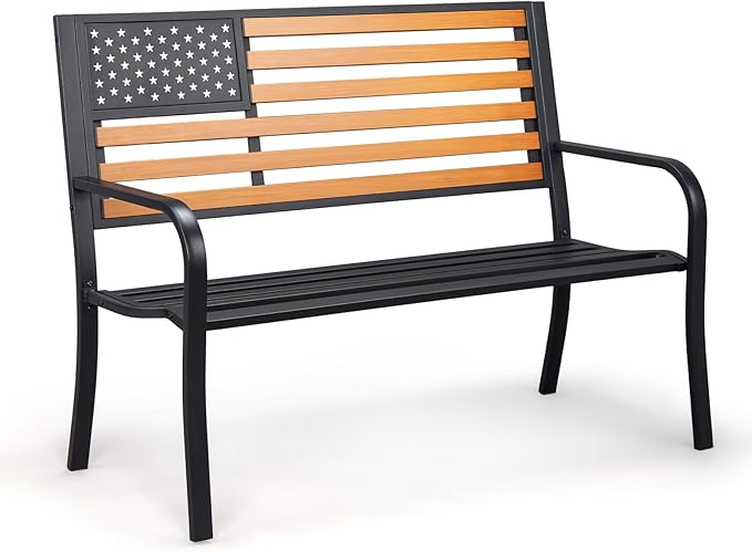 VINGLI Outdoor Metal Bench, 50in Weatherproof Garden Bench w/American Flag Style, 2-Person Sturdy Steel Patio Bench for Front Porch Yard Park