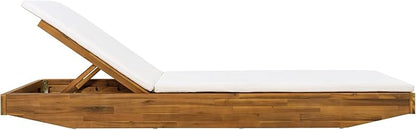 Acacia Wood Chaise Lounge with 2-Fold Thin Cushion - Teak Finish Outdoor Recliner with Beige Water-Repellent Cushion, 79.6" L x 29" W, 300 lbs