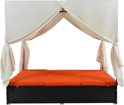 SOFTSEA Outdoor Wicker Daybed Sunbed with Curtains and Adjustable Seats, 2-Person Patio Double Chaise Lounge with Cushions, Patio Lounge Chairs for Poolside Balcony Porch, Orange