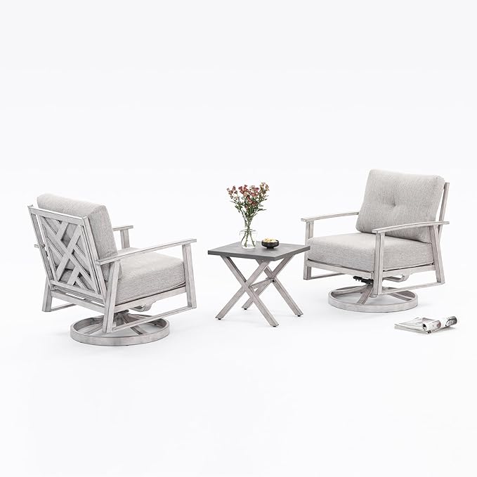 3 Pieces Outdoor Patio Bistro Set, Aluminum Swivel Chairs Patio Furniture Set with Thick Cushions, All Weather Patio Conversation Set with Side Table for Backyard, Balcony, Lawn, White Oak
