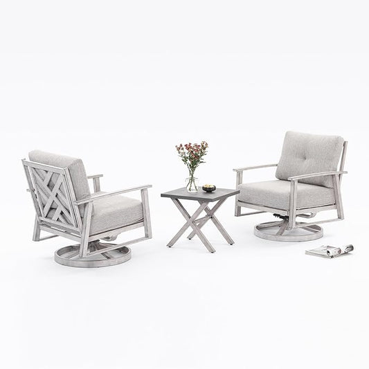 3 Pieces Outdoor Patio Bistro Set, Aluminum Swivel Chairs Patio Furniture Set with Thick Cushions, All Weather Patio Conversation Set with Side Table for Backyard, Balcony, Lawn, White Oak