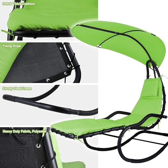 Outdoor Hammock Rocking Chaise Lounge Swing Chair, with Stand and Canopy, Porch Swing w/Soft Cushion Removable Headrest - Photo 8