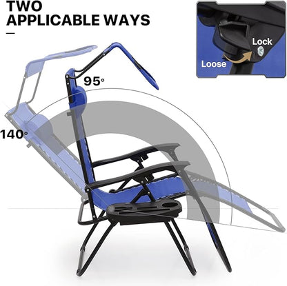 MoNiBloom Zero Gravity Chair Set of 2 with Canopy Shade, Patio Folding Anti Gravity Recliner, Foldable Outdoor Lounger with Cup Holder Tray for Beach Camping, Blue