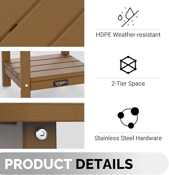 VINGLI Outdoor Side Table, All-Weather HDPE Patio Side Table Small Outdoor Table for Porch, Pool, Deck, and Yard (Brown)