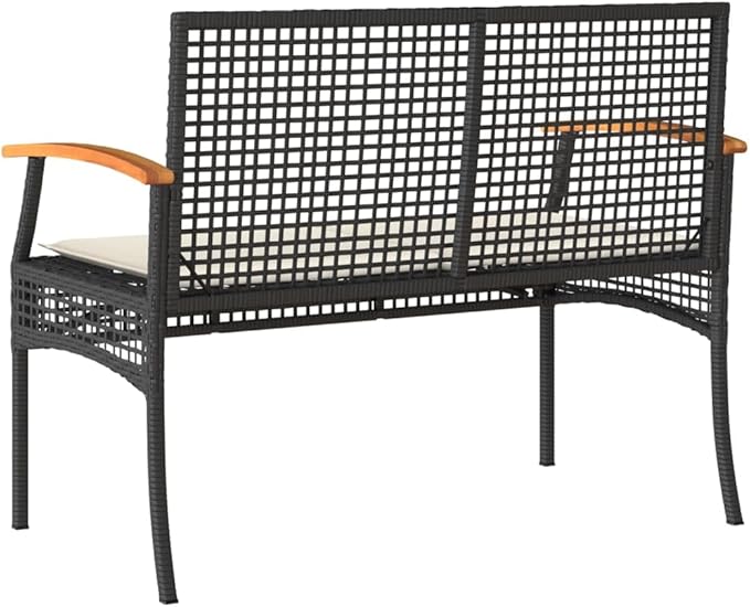 2-Seat Outdoor Garden Bench in Black-Brown Poly-Rattan, 42.5 x 22.4 x 33.5 in, Powder-Coated Steel Frame with Weather-Resistant Cushions for Patio, Porch, Balcony