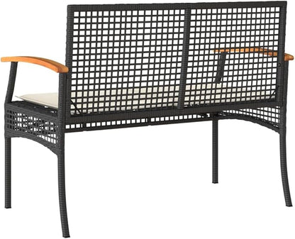 Outdoor Patio Bench with Cushion, Black PE Rattan Garden Bench with Acacia Wood Frame, Waterproof All-Weather Furniture for Backyard, Porch, Poolside, Comfortable Seating Removable Washable Cover