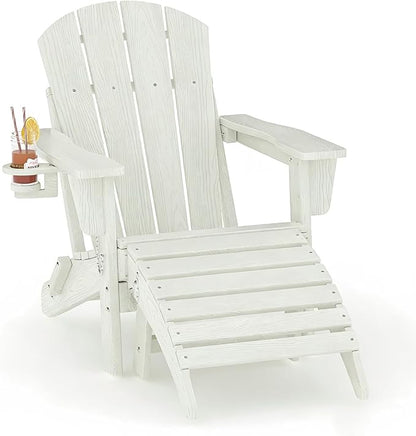 Garvee Folding Adirondack Chair with Ottoman, HDPE Outdoor Patio Chair with Cup Holder, All Weather Resistent Wooden Textured for patios, Decks, Gardens, fire Pit, White