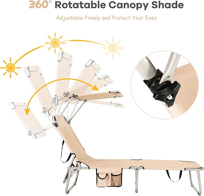 GYMAX Beach Chair with Canopy Shade, Folding Tanning Lounge with Adjustable Backrest, Carry Handle & Side Pocket - Photo 4