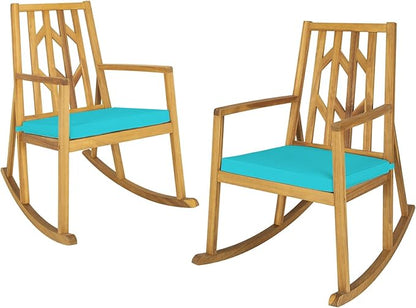 RELAX4LIFE Wooden Rocking Chair Outdoor - Oversized Patio Rocker w/High Backrest, Long Armrest, Removable Soft Cushion, Porch Rocking Chair for Backyard, Garden, Patio Rocking Chair (2, Turquoise)
