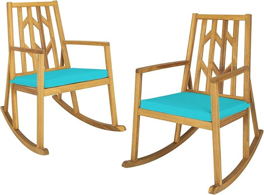 RELAX4LIFE Wooden Rocking Chair Outdoor - Oversized Patio Rocker w/High Backrest, Long Armrest, Removable Soft Cushion, Porch Rocking Chair for Backyard, Garden, Patio Rocking Chair (2, Turquoise)
