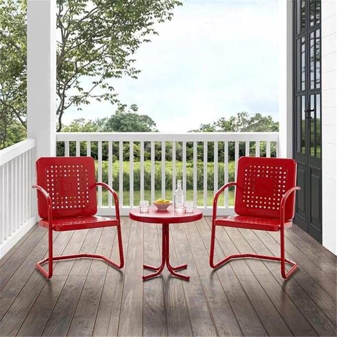 Pemberly Row 3 Piece Metal Outdoor Chair Set, Bright Red Gloss Finish, Retro Patio Furniture, Steel Construction, Cantilever Armchairs with Basket Weave Design, Side Table for Small Outdoor Spaces