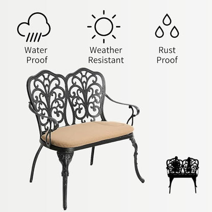 Patio Aluminum Outdoor Bench with Soft Cushion, Garden Metal Loveseat Furniture, Vintage Carving Antique Black Front Porch Chair Seat