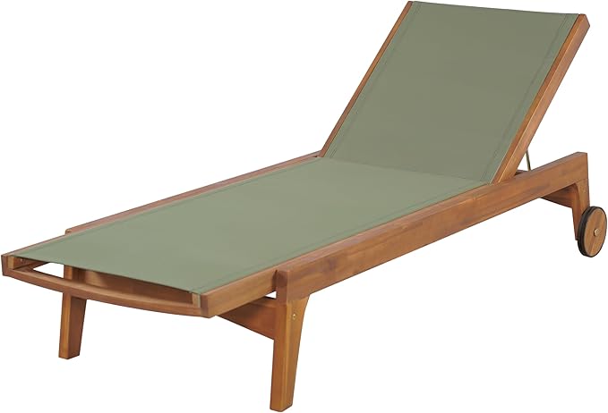 Christopher Knight Home Tristy Chaise Lounge Chair Outdoor, Acacia Wood Frame Sunbathing Pool Lounger, Adjustable Backrest Single Lounge Sofa, Patio Lounge Chaise for Poolside, Green + Natural