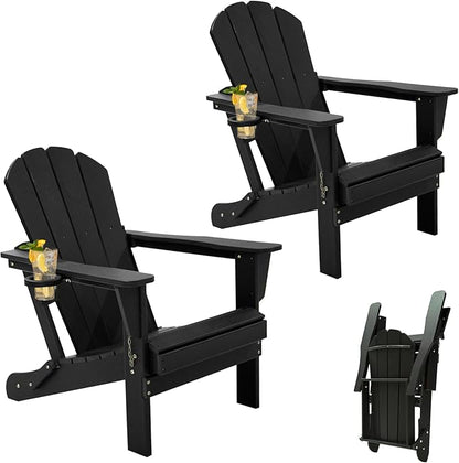 Domi Folding Adirondack Chairs Set of 2, HDPE Adirondack Chair with Cup Holder, Wooden Textured Fire Pit Chairs for Patio Backyard Lawn, Black