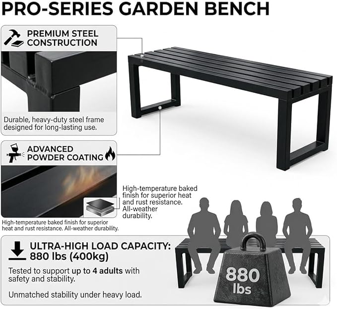 Backless Patio Bench Outdoor Metal Bench, 3.3ft 3.9ft 4.9ft 5.9ft Weatherproof Garden Benches 2-Person Outside Chair for Yard Porch Entryway Sturdy Steel Frame Furniture(Black,3.3ft)