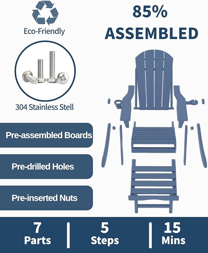 3-Piece Adirondack Chair with Footrest and Table Set,Folding Chair with Retractable Ottoman,HDPE All Weather Fire Pit Chair with Cup Holder(Navy Blue, 1 Chair &1 footrest & 1 Table)