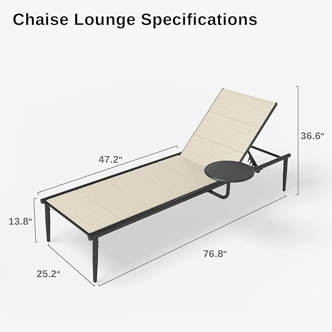 East Oak Textilene Outdoor Chaise Lounger, Aluminum Patio Lounge Chairs with Side Table, 5-Position Adjustable Lounge Chaise for Outside, Recliner Chair for Pool, Beach, Backyard, Porch, Lawn