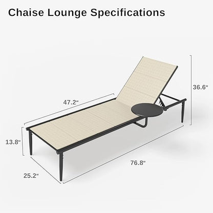 East Oak Textilene Outdoor Chaise Lounger, Aluminum Patio Lounge Chairs with Side Table, 5-Position Adjustable Lounge Chaise for Outside, Recliner Chair for Pool, Beach, Backyard, Porch, Lawn