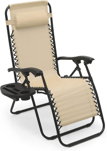 Athena Collection Zero Gravity Chair, Folding Lounge Chair, Reclining Camping Chair, Outdoor Zero Gravity Recliner with Adjustable Pillow and Cup Holder for Outside Beach Garden Patio Poolside -Cream